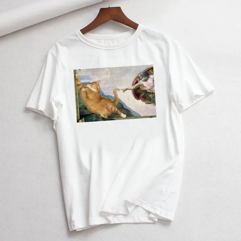 Summer new casual fashion big size cartoon art spoof fun tops tees print short-sleeved Michelangel cute cat loose female T-shirt