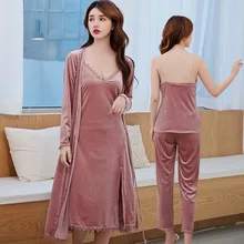 4 шт. ночное белье для женщин Pajams комплект осень зима халат шелковистая Домашняя одежда Нижнее белье Мягкий сексуальный костюм для сна пижамы кимоно Халат