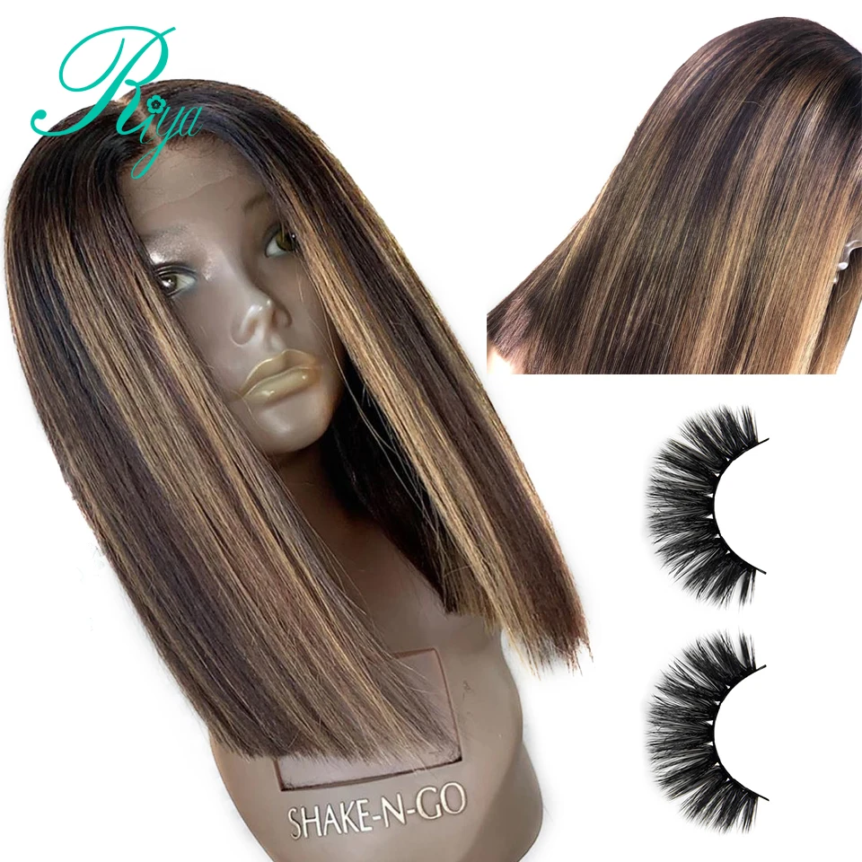 

13X6 Invisible Honey Blonde Ombre Colored Short Bob Blunt Cut Lace Front Human Hair Wigs Straight Closure Wig Brazilian Remy