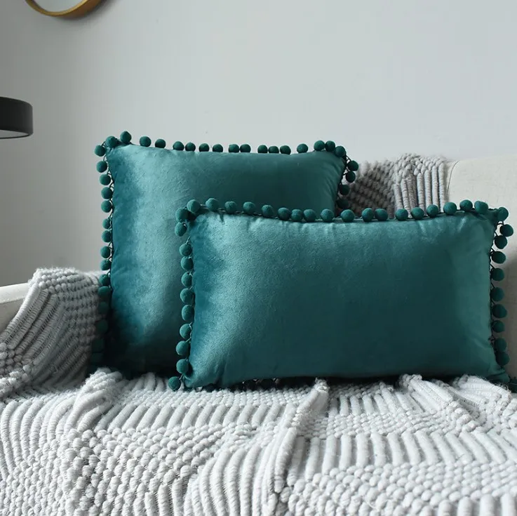 turquoise Мягкий Бархатный Чехол на подушку с помпон, белый, желтый, синий, Наволочка на подушку, Подушка для украшения дивана, чехлы 30x50 см/45x45 см - Цвет: turquoise