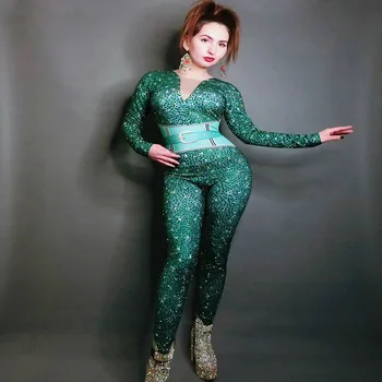 

Green Bright Rhinestones Sexy Jumpsuit Women Birthday Celebrate Bar Big Stretch Bodysuit Singer Costume Dance Performance Outfit