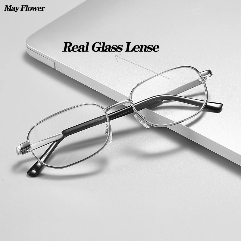 Reading Glasses Retro Square Presbyopic Eyewear Glass Lenses Metal Hyperopia Men +3.5+4