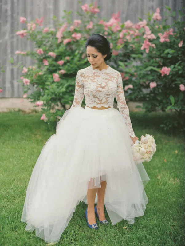 2018 Witte Tule en Kant 2 Stuk Lange Mouwen Mooie Bruids Bruidsjurk Hoog Laag Fashion casamento Moeder van de bruid Jurken 2018 Witte Tule en Kant 2 Stuk Lange Mouwen Mooie Bruids Bruidsjurk Hoog Laag Fashion casamento Moeder van de bruid Jurken