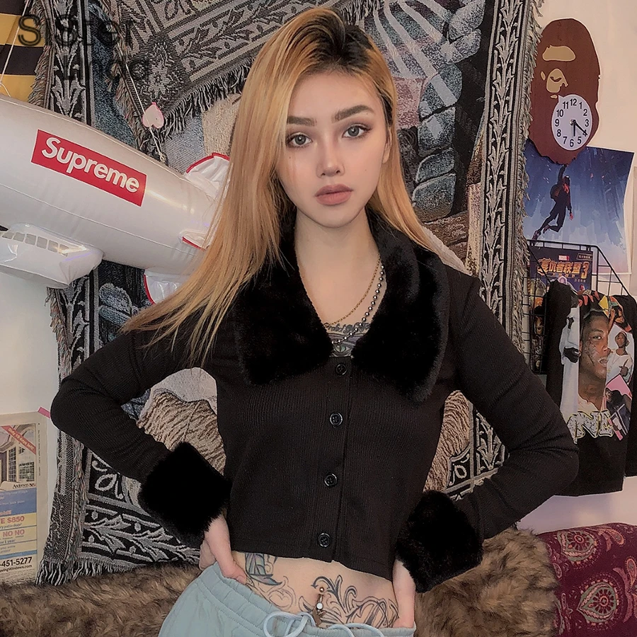 Cena Sisterlinda jesienno zimowa jednolita, z futrzanym kołnierzem żebra dzianiny ciepły Crop Coat kobiety pełna rękaw wąska kurtka Mujer New Arrival 2019 kobiet płaszcz