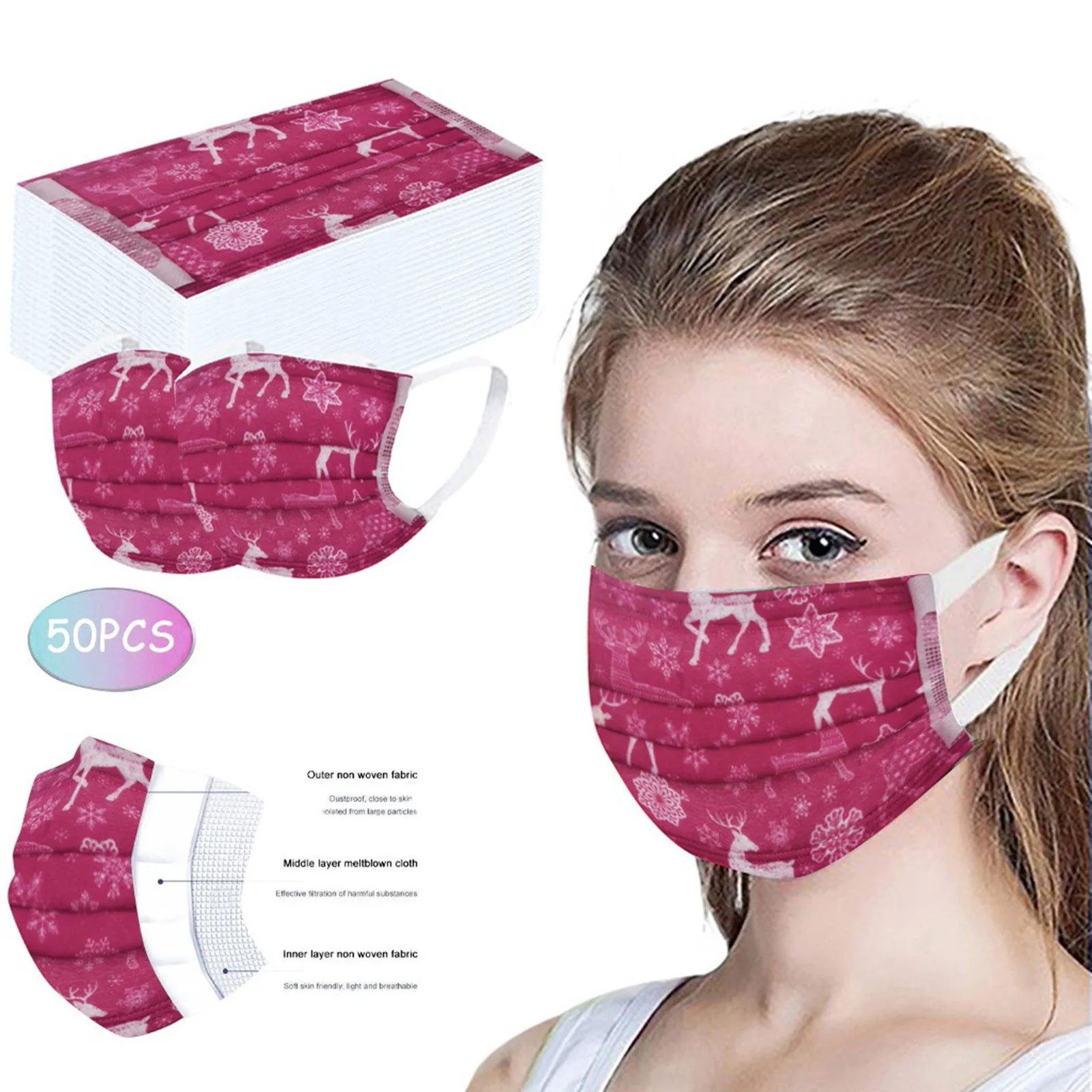 10/20/50pcs Christmas Adult Disposable Face Mask Santa Claus Printed Xmas Pattern Mascaras Masque | Красота и здоровье