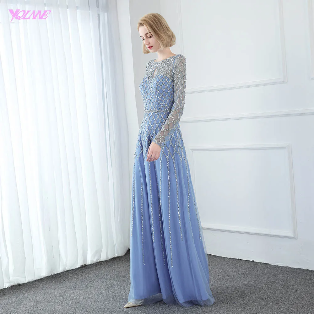 YQLNNE Blue Beaded Full Sleeve Evening Dresses Long Formal Women Evening Gown