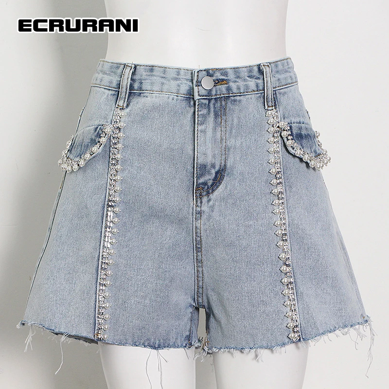 

ECRURANI Blue Patchwork Casual Short Pant For Women High Waist Pockets Button Denim Solid Shorts Female Summer Clothing 2021 New