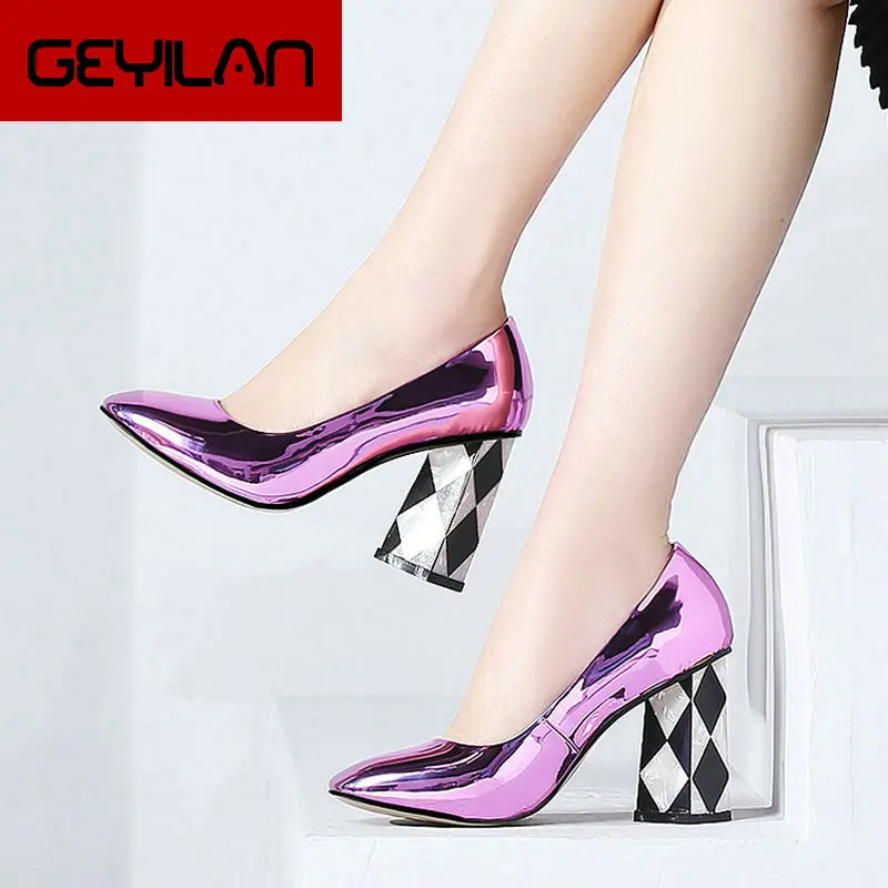 

Women High Quality Patent Leather High Heel Lazy Shoes Fashion Square Toe Pumps Spring Autumn Square Heel Party Shoes Women