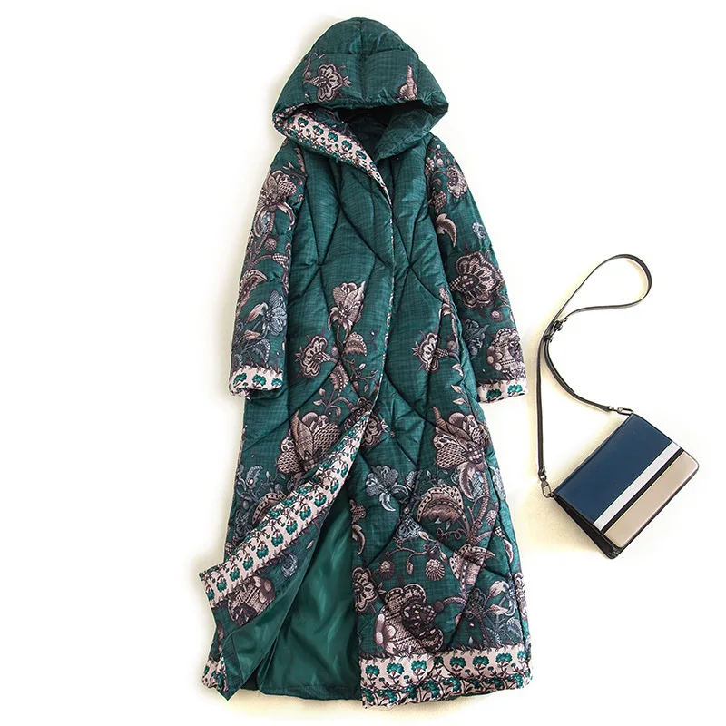 X-Long Floral Print Down Jacket Coats Women Winter Wadded Jacket Warm Parka Female Hooded Cotton Padded Outerwear - Цвет: Зеленый