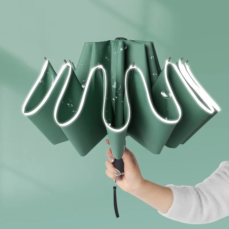 Winddicht Reverse Klapp Automatische Regen Regenschirm Für Männer Frauen 10 Rippen Reflektierende Streifen Tragbare Weibliche Regenschirm Männlichen Paraguas