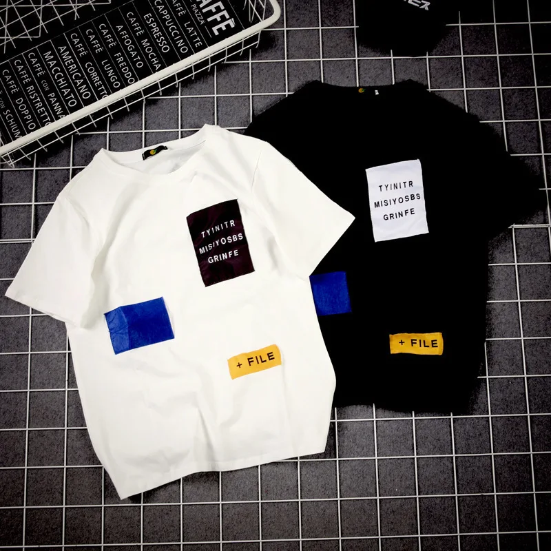 

2019 Teenager Summer New Style Men Base Short Sleeve T-shirt Fashion Patch Decoration Handsome Large Size