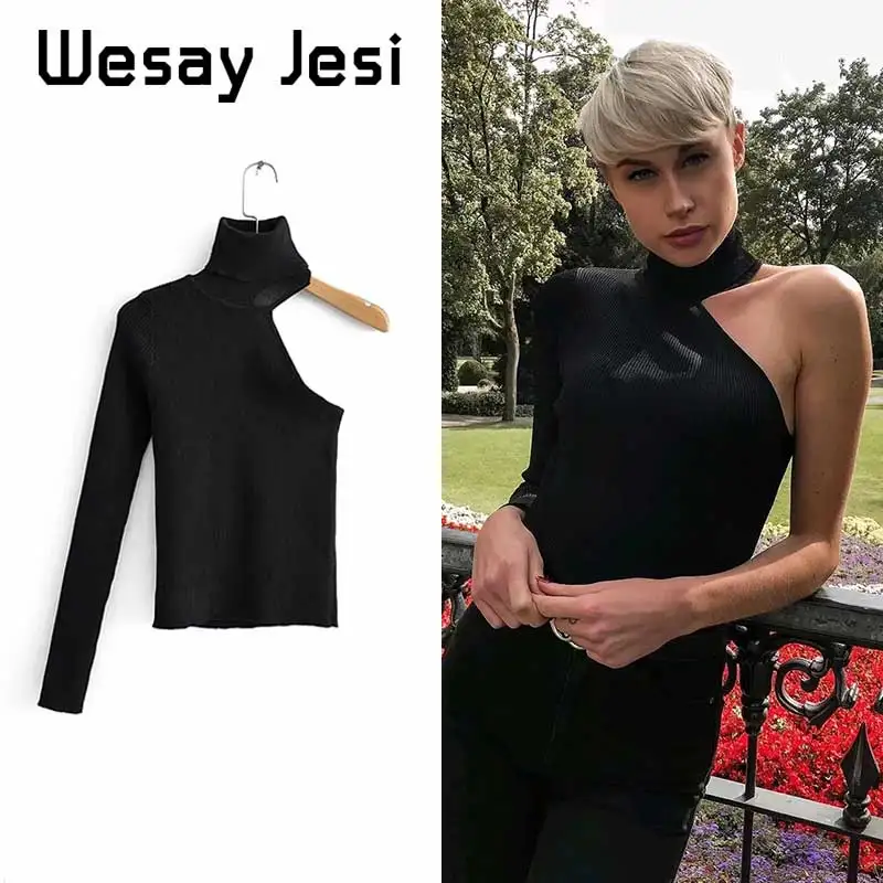 Женский белый свитер с открытым плечом вязаная водолазка Осенний вязаный