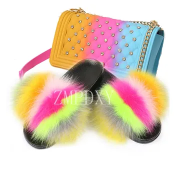 

Woman Shoes Fur Slides Matte Colorful Jelly Bags Multi Color Fur Slippers Set Fashion Ladies Fluffy Furry Slides Bling Purse Bag