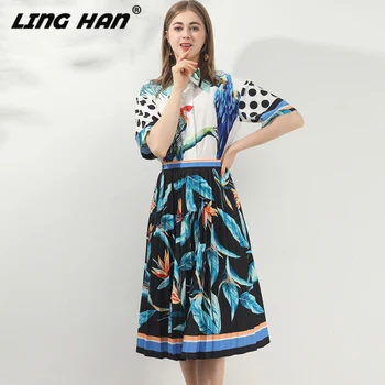

LINGHAN Elegant Print Set Fashion Short sleeve Shirt Top + Big swing Pleated Skirt Two-piece set Designer Spring Summer New