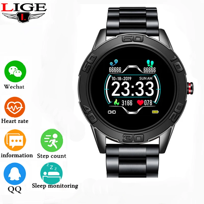 

Smart Watch LIGE Men Pedometer Heart Rate Blood Pressure Monitor Waterproof Steel Belt Smartwatch Sport Multifunction Mode+BOX