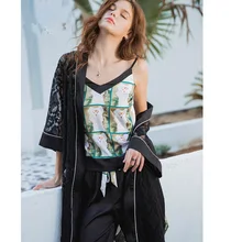 Женская шелковая кружевная ночная рубашка с принтом, 4 штуки, боди с ремешком на шее, шорты, 4 предмета, домашняя одежда, пижамы, женская одежда для сна