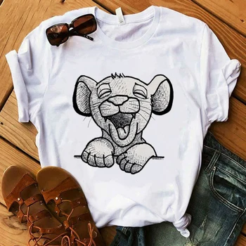 

Lion King Cartoon Print T-Shirt Two Little Lion Fashion Casual Short Sleeve Girl Print O-Neck T-shirt Hakuna Matata Tee