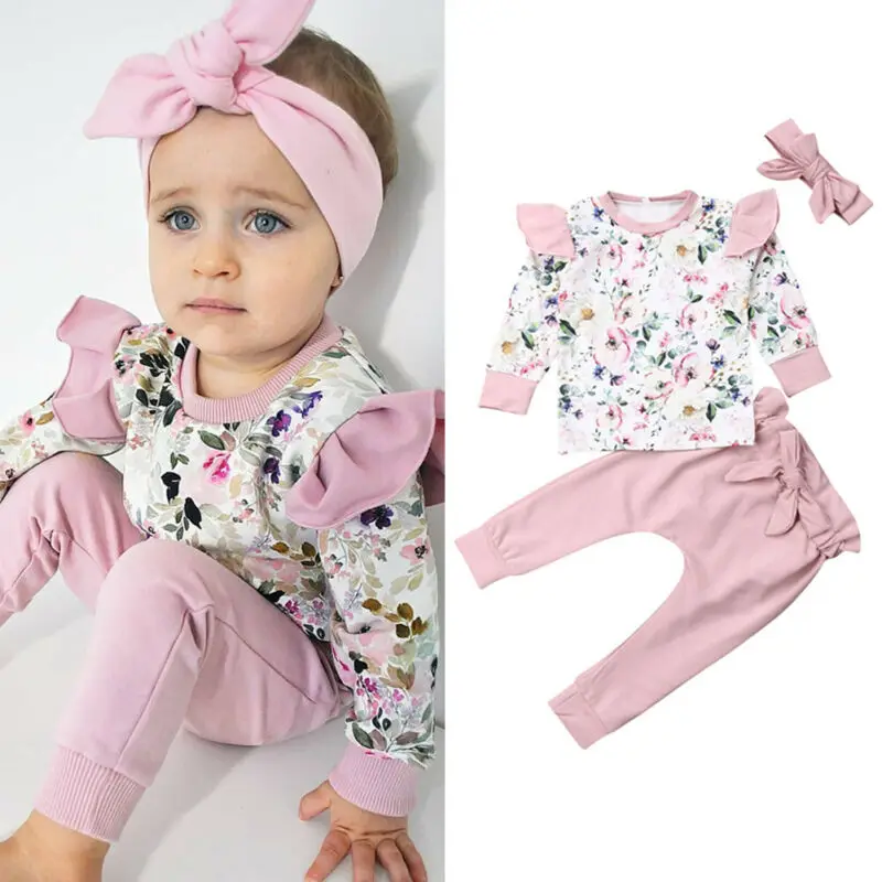 

2019 Autumn Toddler Baby Girl Clothes Long Sleeve Flower Tops+Pants +Headband 3PCS Outfits Set 0-24Months
