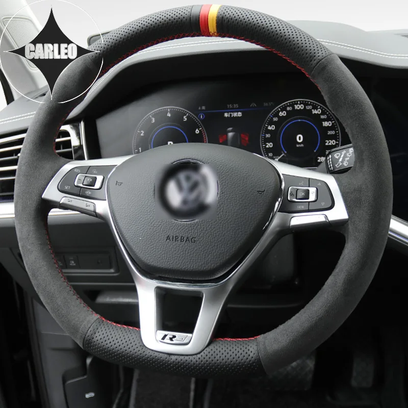 

Car Steering Wheel Cover for Volkswagen Golf Passat POLO Tiguan Touareg T-ROC Genuine Suede Leather Stitching Customized Holder