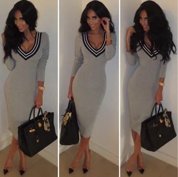 

Hot Selling Europe and America Fashion Long-sleeved Dress V-neck Knit Mid-length Pencil Skirt 5-Color