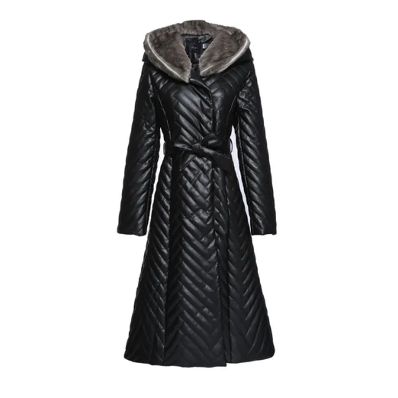 Зимняя кожаная куртка для женщин, Овечий пух, куртки с капюшоном, Chaqueta Cuero Mujer, для похудения, Dames Jassen, зимнее черное пальто