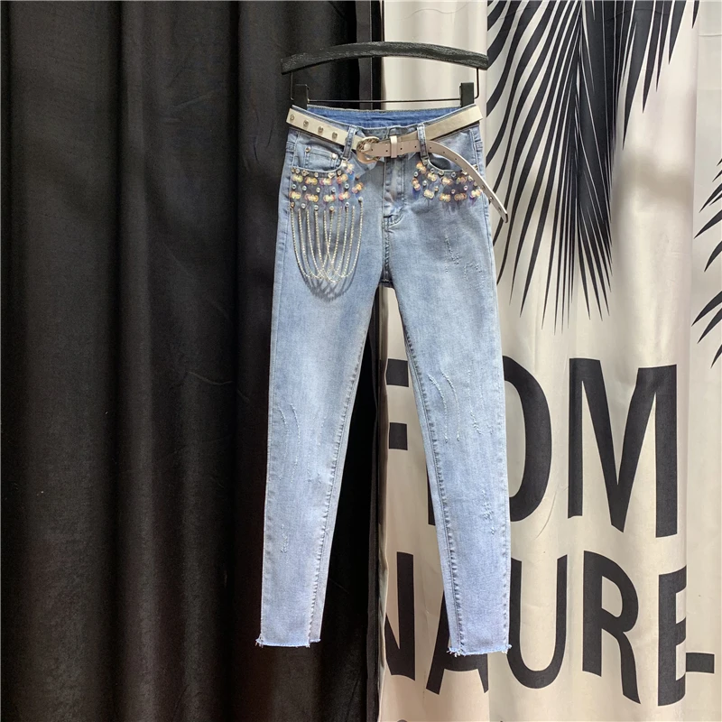 

Stretch Skinny Jeans for Women High Waist Spring Summer New Beaded Pencil Pants Ladies Light Blue Jeans Nancylim