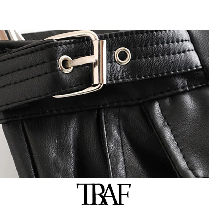 TRAF, женские винтажные стильные штаны из искусственной кожи с карманами, модные штаны с высокой талией на молнии, женские ботильоны из искусственной кожи