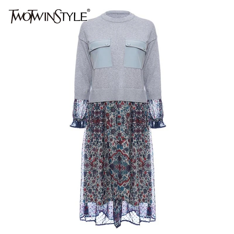 TWOTWINSTYLE лоскутное хитовое цветное вязаное женское платье с круглым вырезом и