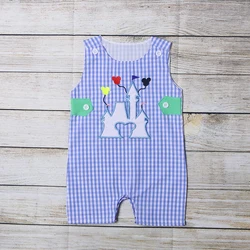 Barboteuse à carreaux bleu pour garçon, vêtements d'été, sans manches, motif de broderie château blanc, barboteuse pour tout petits 