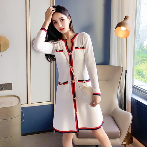Корейский длинный рукав карман v-образный вырез лоскутное платье до колена женское вязаное однобортное карманы осенние корейские платья