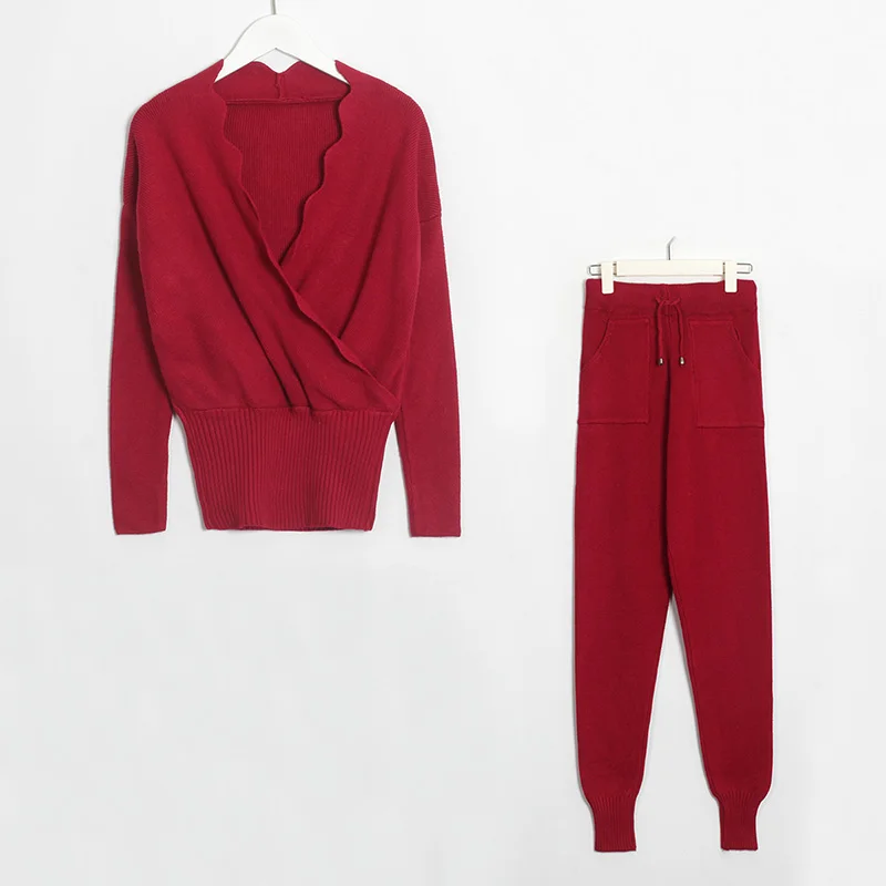Wixra, женский свитер, костюм и комплекты, 2 предмета, v-образный вырез, Женский комплект одежды, повседневный вязаный джемпер, топы+ брюки - Цвет: Wine Red