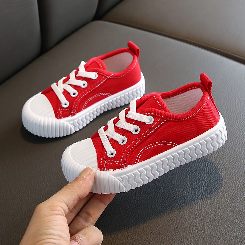 Zapatillas deportivas de lona planas para niños y niñas, informales Skate a la moda, color rojo y blanco, sólido|Zapatillas deportivas| -