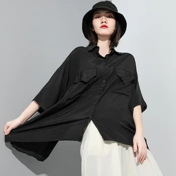 

2020 Summer Cardigan Solid Color Shirt Street Fashion Brand Women's Black Loose Female Blouse Half Sleeves