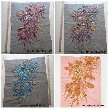 

Lace Motif Peacock Phoenix Feather Gauze Blue Gold Sequins Trimming Large Embroidered Floral Applique ZXY9887