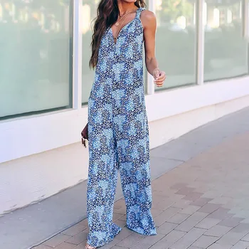 

2020 Summer Sleeveless Wide Leg Women's Jumpsuits Print V-neck Cross Holiday Female Rompers Casual Long Pants Ladies Jumpsuit