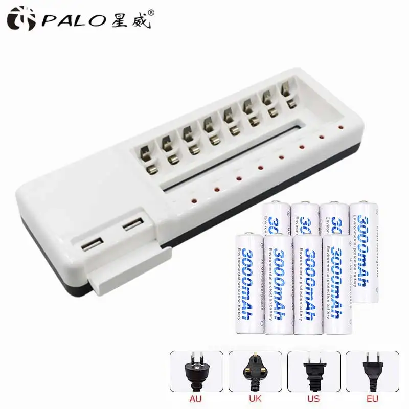 PALO 8 Slots LED Light Smart Battery Charger For NI-MH NI-CD AA AAA Rechargeable Batteries With 8pcs AA 3000mAh Rechargeable Bat PALO 8 Slots LED Light Smart Battery Charger For NI-MH NI-CD AA AAA Rechargeable Batteries With 8pcs AA 3000mAh Rechargeable Bat