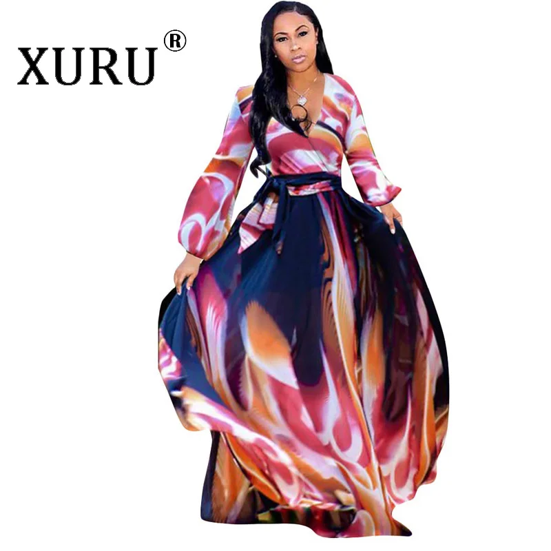 XURU женское длинное платье макси с цветочным принтом, с длинным рукавом, с v-образным вырезом, с поясом, шифоновые платья, повседневное пляжное свободное платье размера плюс S-3XL-5XL - Цвет: 08A2222