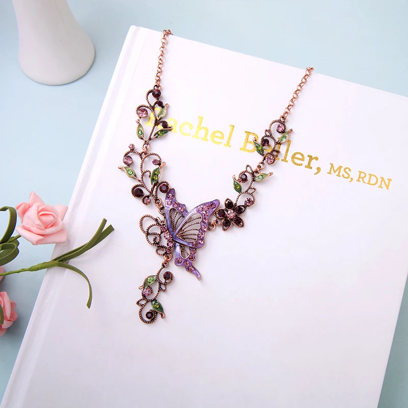 Kissme винтажный набор стильной бижутерии Уникальный Кристалл Эмаль Бабочка ожерелье с цветами Серьги для женщин модные ювелирные изделия