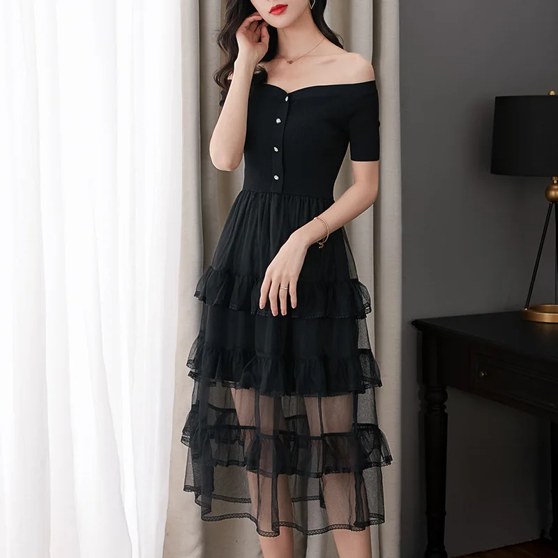

Women Dress Elegant Bodycon Ruffles Knitted Dot Mesh Party Vestidos Button Summer Robe Runway Slim Short Sleeve Pullovers