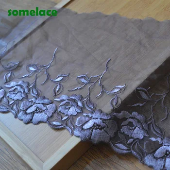

2Yds/lot 18cm Wide Dark Brown Gauze Fluorescent Flower Embroidery Floral Lace Hight Quality Lace Fabrics Embroidered Lace1910031