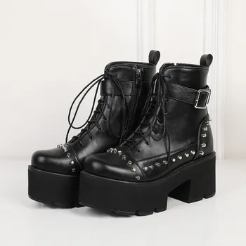 

US4-11 Women Pointy Toe Platform Ankle Boots Motorcycle Rivet Spike Chunky High Heel Shoes Warm Winter Plus Size Punk Motorcycle