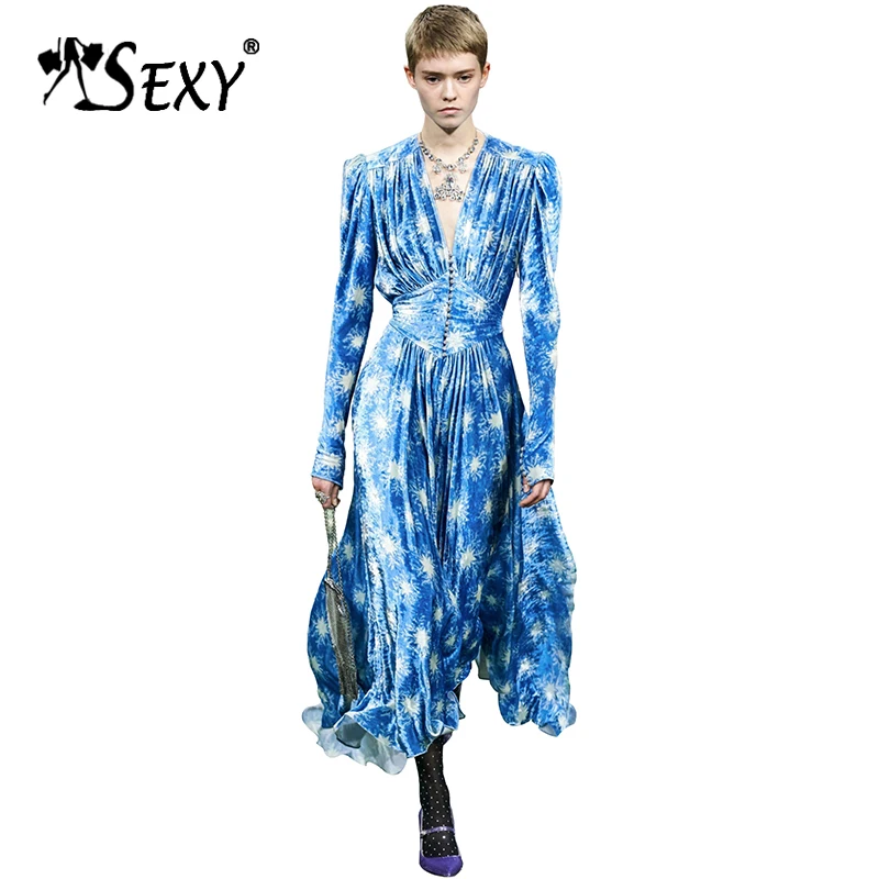 

Gosexy Sexy V Neck Women Fashion Full Sleeve Velvet Blue Printed Fit Waist Button A-Line Ankle-Length Dress 2019 New