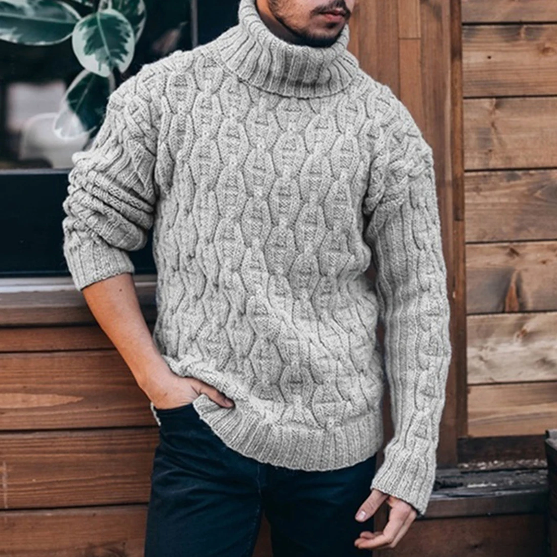Gray Turtleneck Sweaters Men Thick Warm 