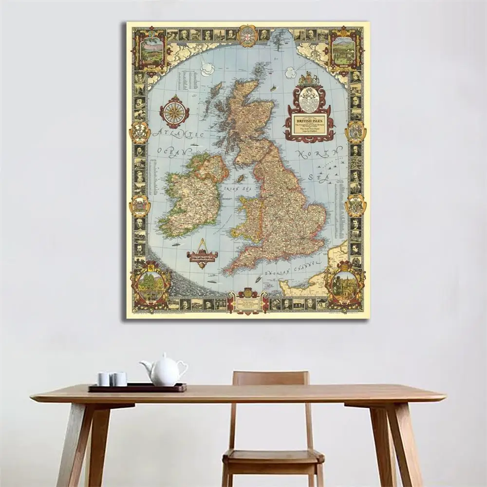 

A2 Size Vintage Kingdom of Great Britain Map in 1937 HD Fine Canvas Decpr Map For Living Room/Study Room Wall Decor