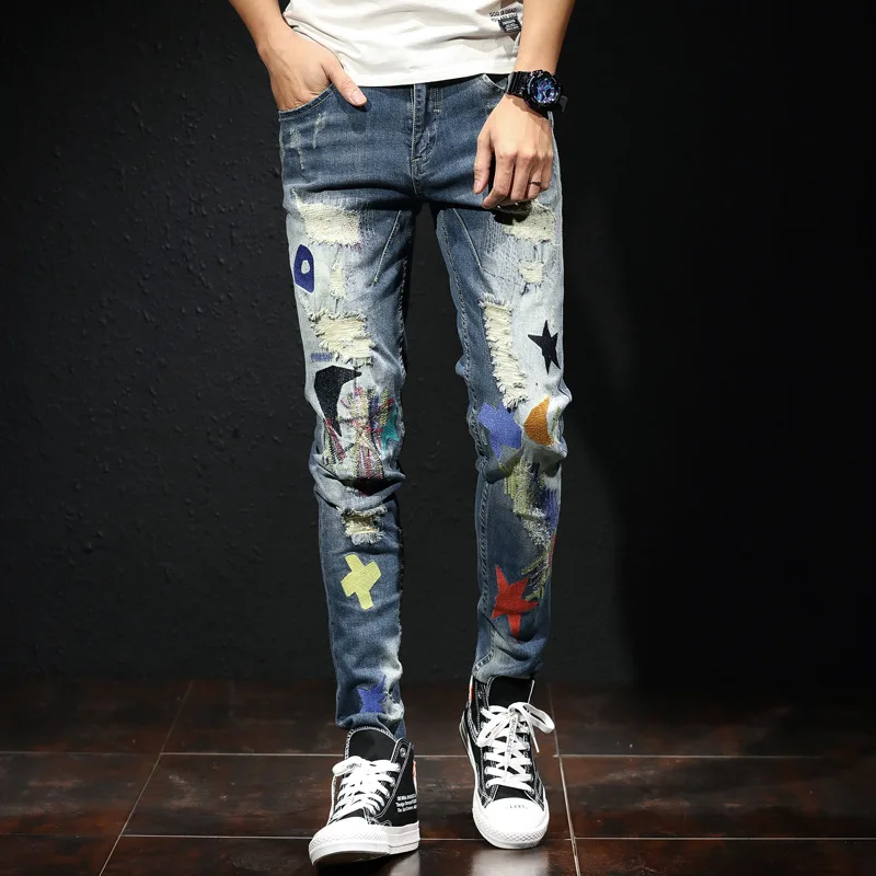 Модные уличные мужские джинсы с вышивкой, дизайнерские эластичные рваные джинсы, мужские узкие брюки в стиле панк, корейские обтягивающие джинсы в стиле хип-хоп