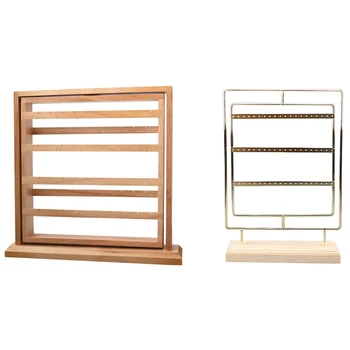 

2 Pcs Earrings Jewelry Organizer Stand Holder Rotating Natural Wood-36 x 24 x 7.5Cm & 26.6 x 28.5 x 3.5Cm