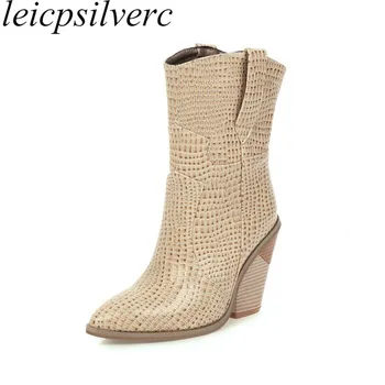 

Women's Boots Autumn Winter Super High Heel Slip on Pointed Toe Fish-scale Pattern Pu Mid-Calf 2019 New Sexy Fashion Black White