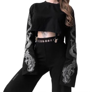 

Dragon Printed Cool Crop tops Gothic shirts Women Fall 2020Long Sleeve Streetwear Chinese Style Cropped Outfit Clothes Harajuku