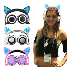Foldable Cat Ear Headphones Gaming Headset Earphone with Glowing LED Light for Computer PC Laptop Cell Phone Gift for Girls Kids
