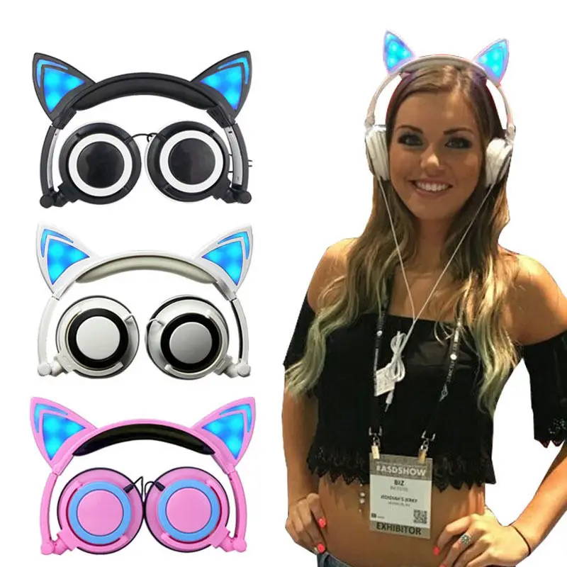 Foldable Cat Ear Headphones Gaming Headset Earphone with Glowing LED Light for Computer PC Laptop Cell Phone Gift for Girls Kids